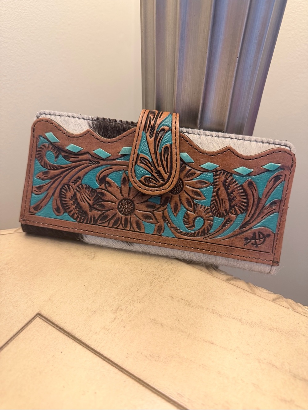 Turquoise Tooled Leather Floral Wallet Clutch